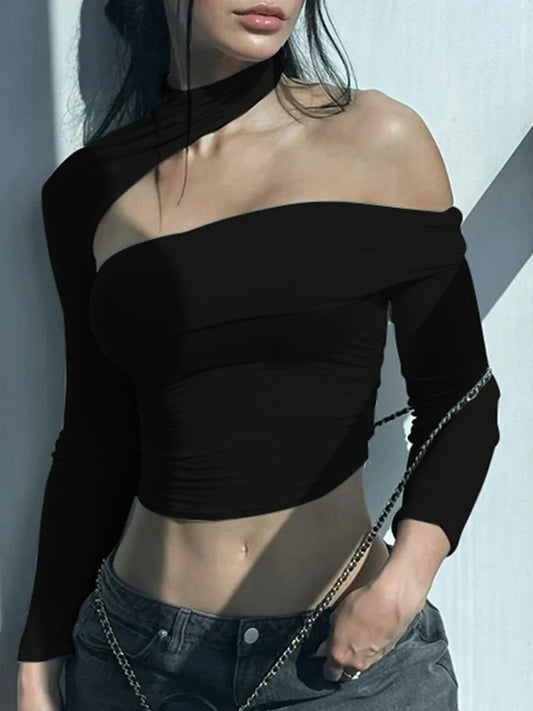 Asymmetrical Cut Out Sexy Choker T Shirt Women Black Skinny Off Shoulder Long Sleeve Crop Tee Rave Baddie Streetwear Tops