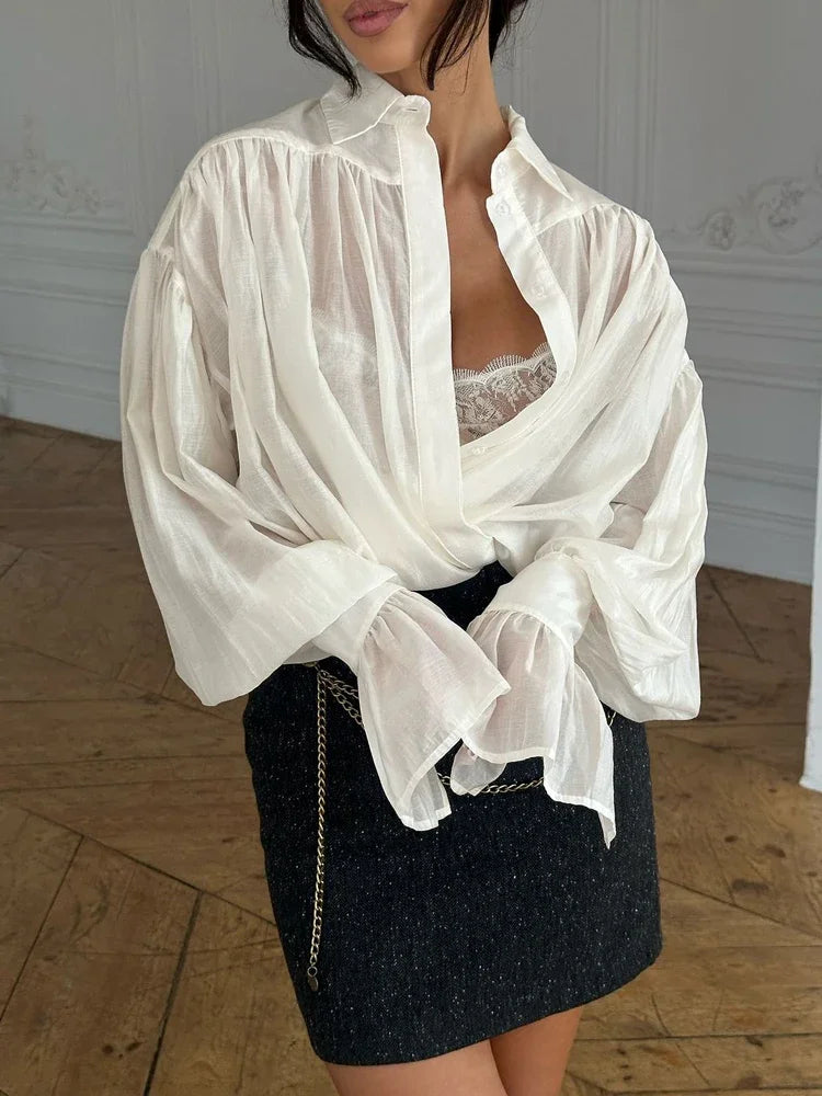 Blusa informal holgada transparente con solapa y manga larga para mujer, estilo patchwork, estilo urbano, lisa, para otoño