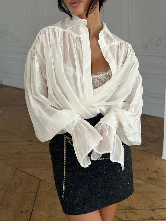 Blusa informal holgada transparente con solapa y manga larga para mujer, estilo patchwork, estilo urbano, lisa, para otoño