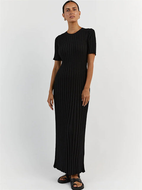 Vestido largo informal de manga corta acanalado, tejido de punto, con cordones, cintura alta, liso, con parches, para otoño, nuevo