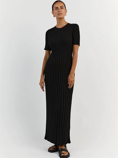 Vestido largo informal de manga corta acanalado, tejido de punto, con cordones, cintura alta, liso, con parches, para otoño, nuevo