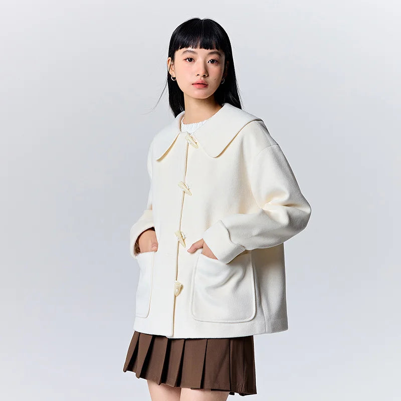 Abrigo de lana sintética para mujer, holgado, con botones de cuerno, color liso, nuevo abrigo de invierno con solapa grande.
