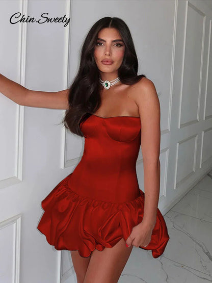 Elegant Strapless Ruched A-line Short Dress Women Slim Off Shoulder Backless Party Dress  Autumn Lady Solid Evening Gowns