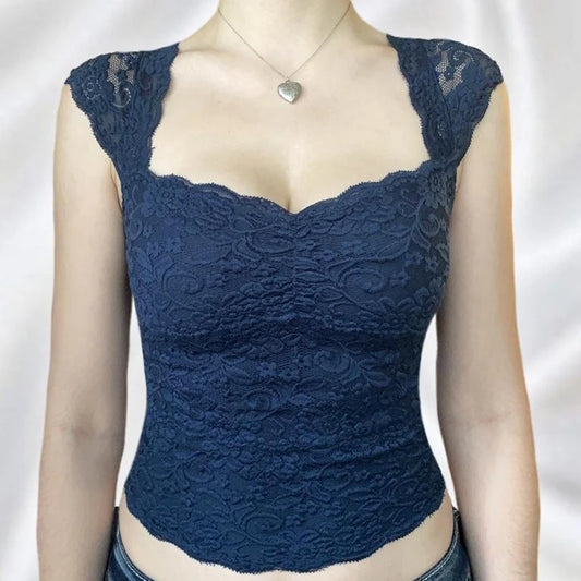 Camiseta sin mangas de encaje floral azul Fairycore Y2K para mujer, estilo lechero, estilo vintage de los años 90, cuello cuadrado, corte entallado, estilo retro chic, top corto bonito