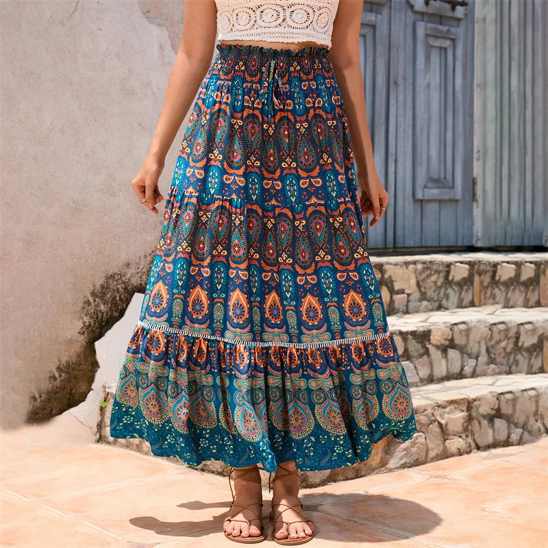 Bohemian Skirt Women Beach Clothes Geometrical Print Elastic High Waist A Line Flowy Swing Skirt Party Skirts Beachwear