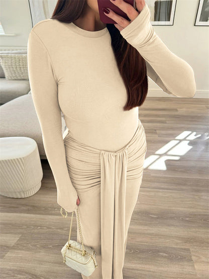 Pleated Tassel Slim Maxi Dress For Women Patchwork Lace-Up Elegant Fashion Solid Bandage Autumn Dress Female Party Dress