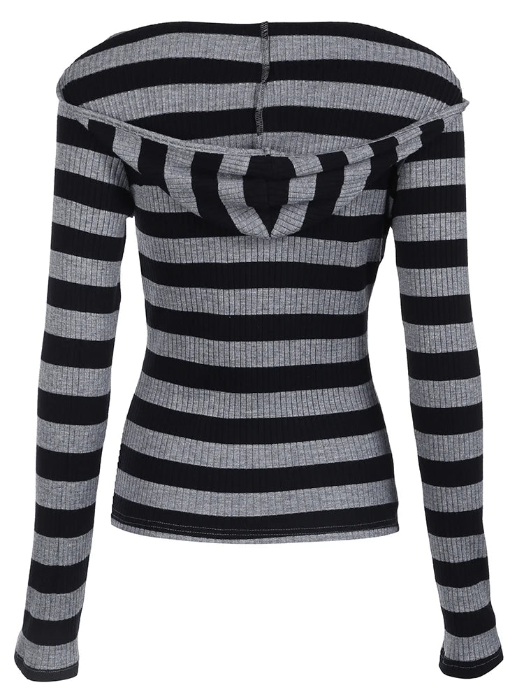 Camiseta con capucha de rayas negras y gris oscuro para mujer, cuello en V, manga larga, básica, ajustada, para primavera y otoño, top acanalado, camiseta urbana preppy