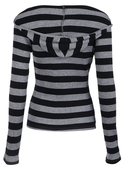 Camiseta con capucha de rayas negras y gris oscuro para mujer, cuello en V, manga larga, básica, ajustada, para primavera y otoño, top acanalado, camiseta urbana preppy