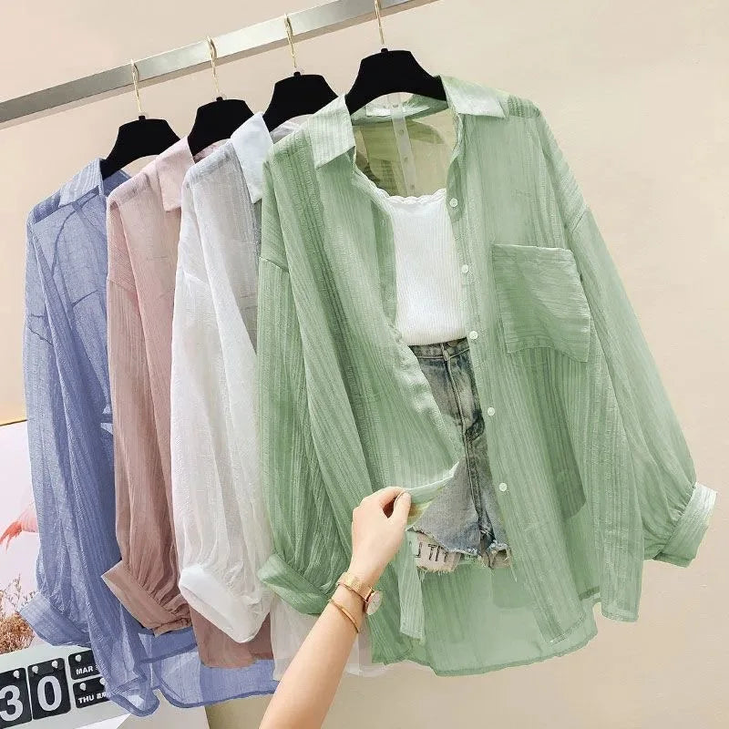 Blusa elegante de gasa transparente de manga larga con protección solar para mujer, estilo coreano, holgada, estilo cárdigan playero de verano.