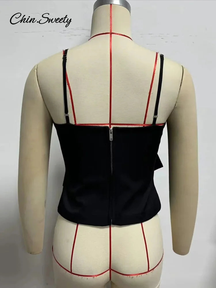 Camiseta sin mangas con lazo grande y lentejuelas para mujer, negra, sin mangas, sin espalda, con cremallera, estilo Y2K, ropa de fiesta para mujer