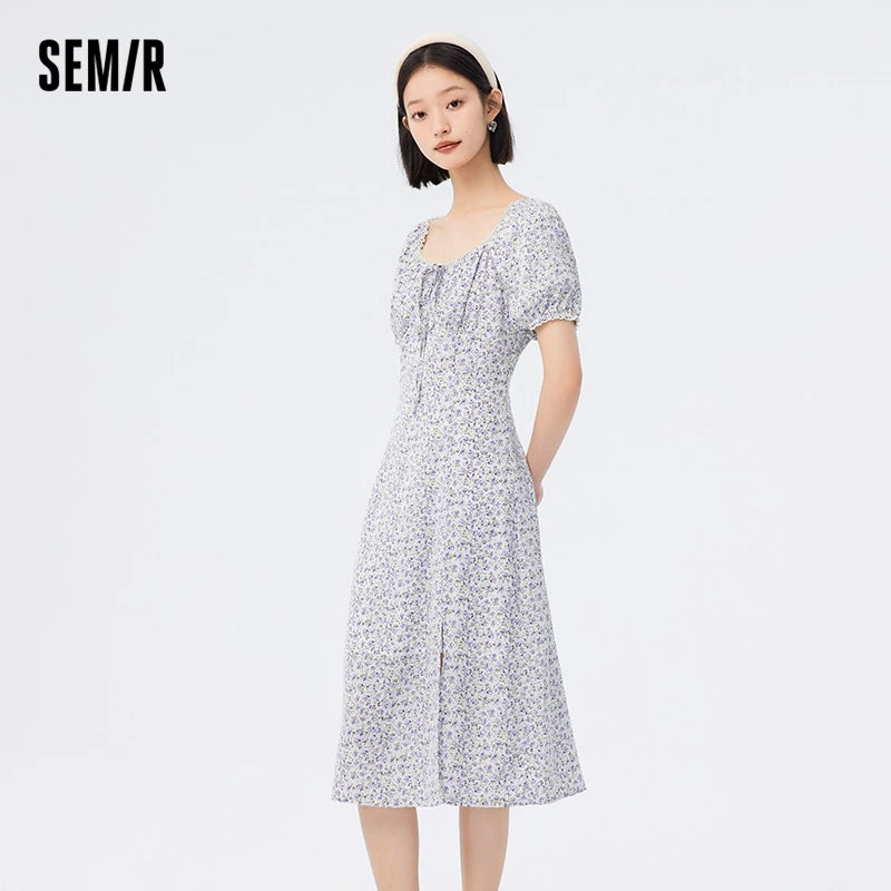 Vestido de gasa con abertura para mujer, romántico, nuevo, de verano, con cuello cuadrado Mori, vestido de té fragmentado.