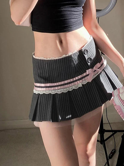 Minifalda plisada Y2K con lazo de encaje en contraste y rayas para mujer, con botones, cintura baja, corte A, estilo ballet, estilo preppy, estilo kawaii.