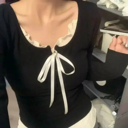 T-shirts Women Slim Sweet College Fashion Korean Spring Soft Leisure Cropped Spliced Designed  New Arrival Daily Casual