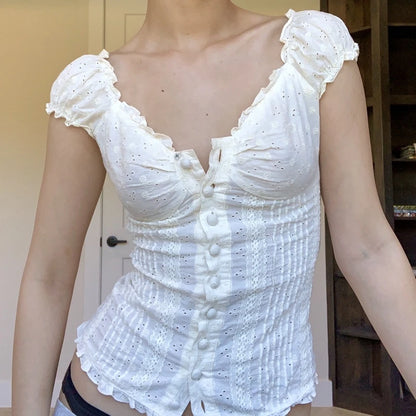 Camiseta floral vintage francesa de los años 90 con diseño de hadas grunge kawaii, botones con volantes y cuello en V, para mujer, estética Y2K, top corto blanco retro