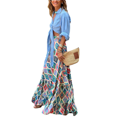 Faldas estéticas Y2K para mujer, faldas playeras con estampado floral geométrico, cintura alta, volantes, estilo bohemio de los años 2000, ropa de calle informal.