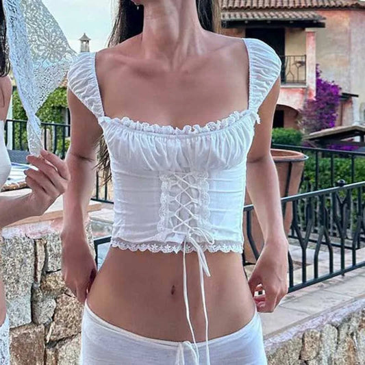 Fairycore Kawaii Lace Trim Front Tie Up T-shirt French Romatic Square Neck Crop Tops Chic Women Slim Fitted Tees Y2K Streetwear