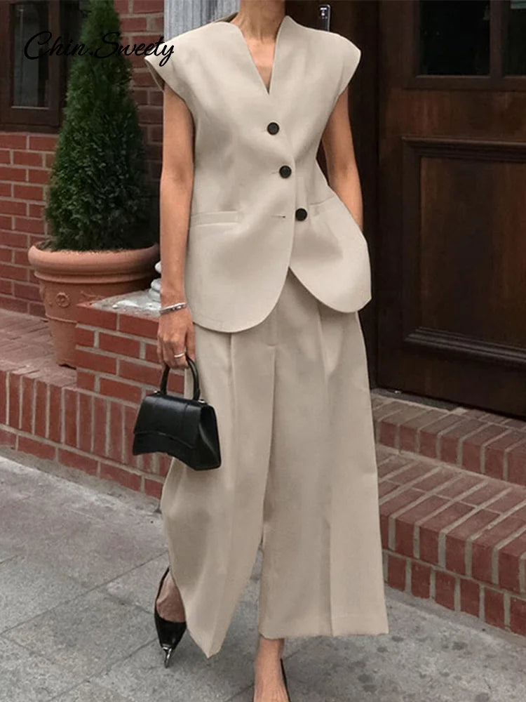 Elegant Waistcoat Pants Set For Women 2 Pieces Single Breasted Tank Wide Leg Trousers 2025 Spring Summer Lady Commute Outfits