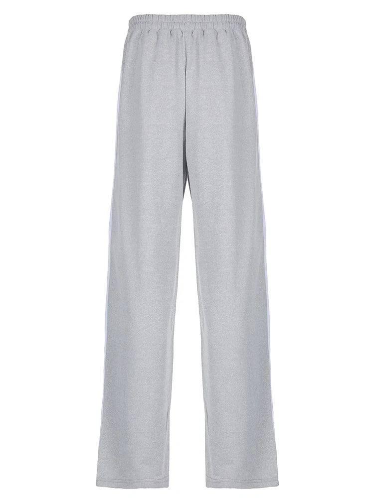Gray Drawstring Elastic High Waist Casual Sweatpants Women Side Stripe Contrast Patchwork Black Loose Jogging Track Pants