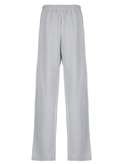 Gray Drawstring Elastic High Waist Casual Sweatpants Women Side Stripe Contrast Patchwork Black Loose Jogging Track Pants