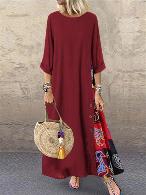Vestidos largos vintage de lino y algodón para mujer, mangas tres cuartos, estampado empalmado, holgados, línea A, moda informal, maxivestido para mujer