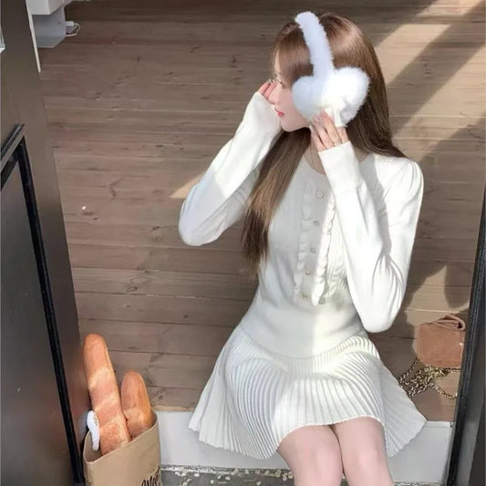 Conjuntos de punto de 2 piezas estilo preppy de otoño para mujer, top de manga larga con cuello redondo y minifalda plisada, moda coreana, trajes casuales, nuevo traje