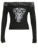 Camiseta negra Y2K ajustada con hombros descubiertos, manga larga, estampado grunge oscuro, ribete de encaje y cuello oblicuo para mujer