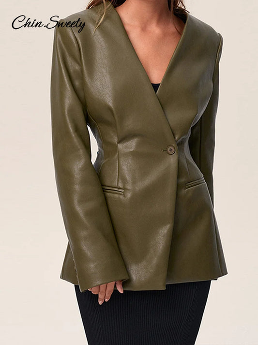Street Women’s Leather Jackets Green Pleat V-neck One Button Full Sleeve Pockets Waist Up Coat 2025 Spring Y2K Lady Streetwear
