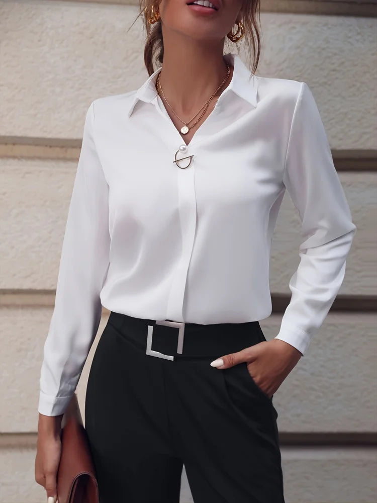 Blusas de estilo primavera-verano para mujer, camisas de oficina para mujer, estilo OL, cuello vuelto, manga larga, color liso, blusas, tops DF5000