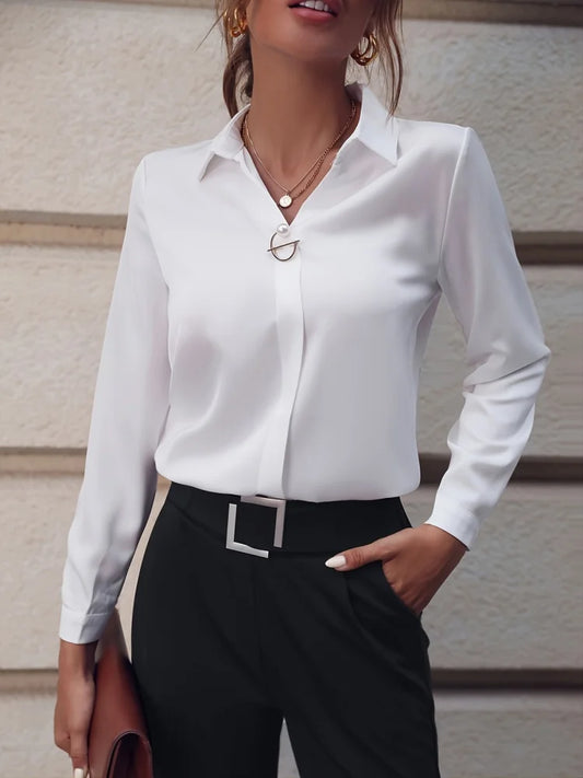 Blusas de estilo primavera-verano para mujer, camisas de oficina para mujer, estilo OL, cuello vuelto, manga larga, color liso, blusas, tops DF5000