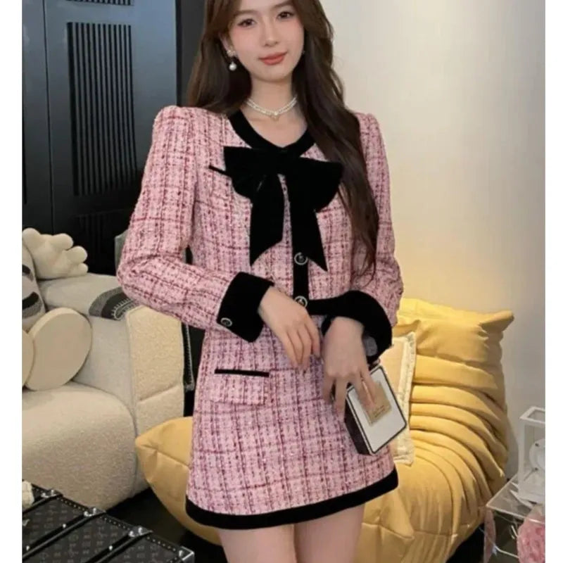 Conjunto de dos piezas de tweed para otoño e invierno, chaqueta corta y minifalda para mujer, elegantes conjuntos de moda coreana para mujer.