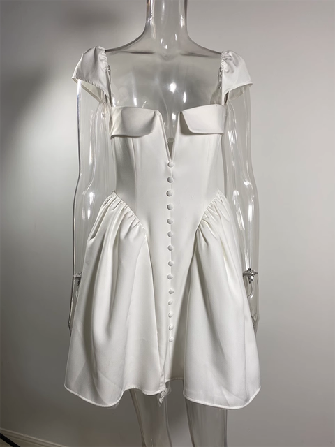 Vestido mini sexy blanco sin espalda para mujer, moda, cuello cuadrado, manga corta, cintura alta, corte A, vestido sexy para fiesta en club