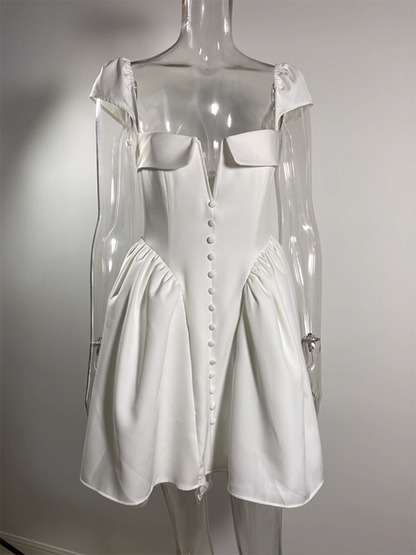 Vestido mini sexy blanco sin espalda para mujer, moda, cuello cuadrado, manga corta, cintura alta, corte A, vestido sexy para fiesta en club