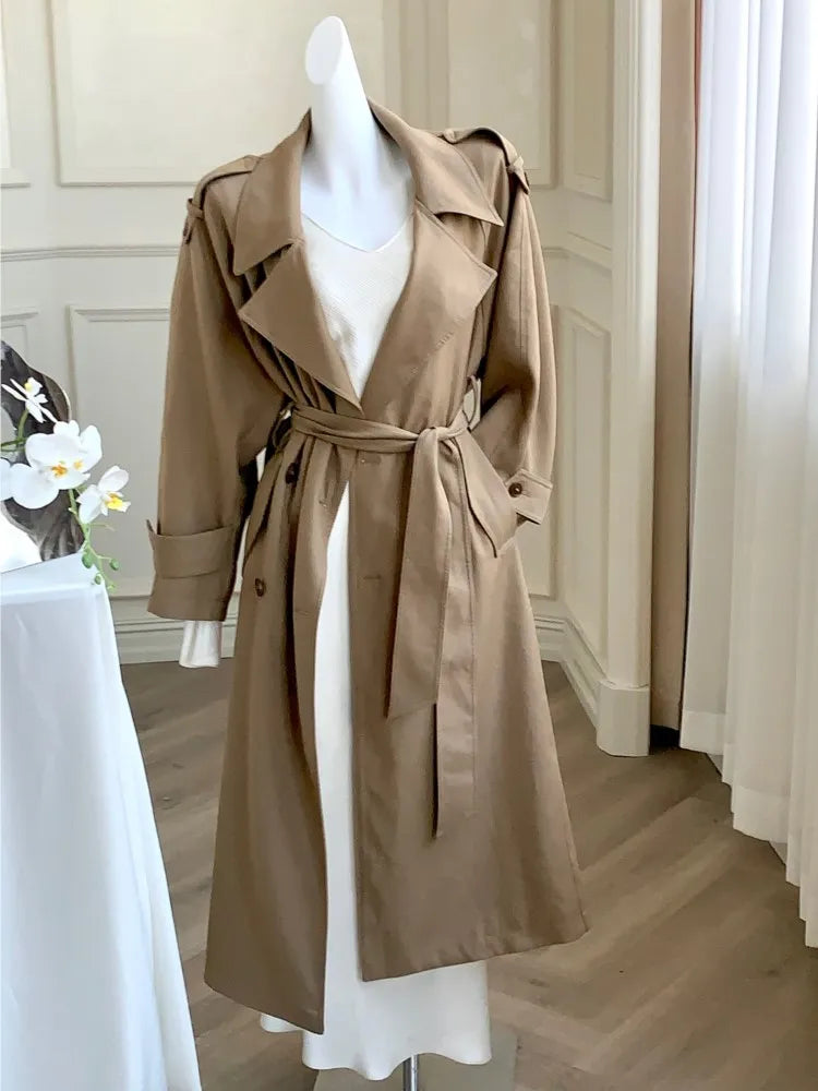 Autumn British Style Long Trench Women Lapel Double Breasted Coat with Belt Korean Fashion Windbreaker Outerwear Casual Jackets