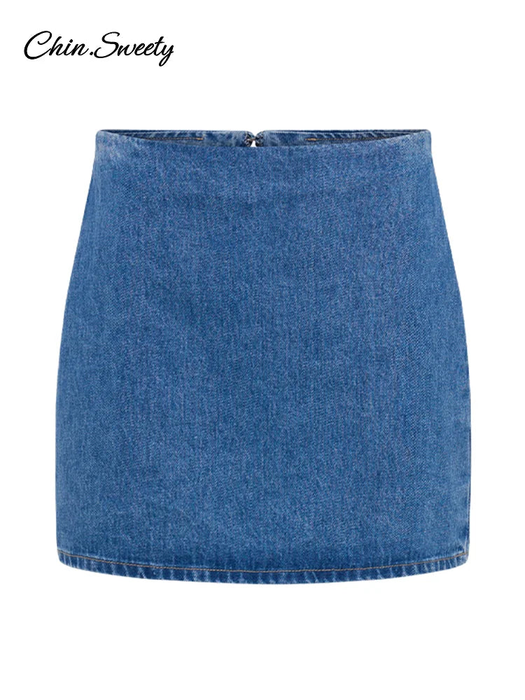 Elegant Two Pieces Skirt Set Women Denim Blue Short Sleeve Top Wrap Hip Mini Skirts Suits 2025 Spring New in Matching Outfits
