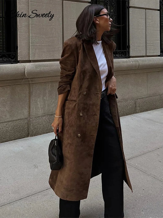 Chaqueta larga de gamuza con solapa de moda para mujer, elegante abrigo tipo gabardina cruzado extragrande, ropa de abrigo para el día a día de otoño, nueva