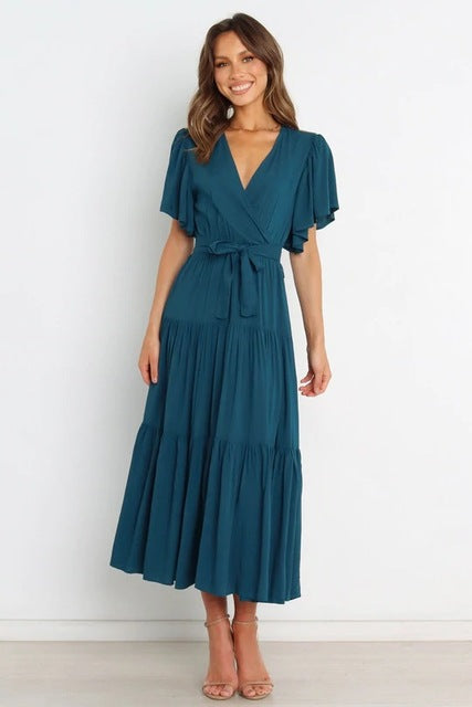 Vestidos largos con volantes de color liso de moda para mujer, sexys, con escote en V y mangas con volantes, vestido elegante con temperamento ahuecado para mujer, novedad de verano 2025