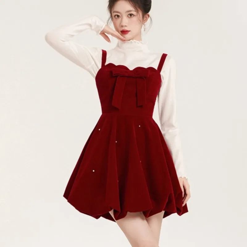 Conjunto de dos piezas navideño para mujer, suéter liso, corte A, terciopelo, vestido corto sin mangas, moda coreana, otoño, nuevos conjuntos