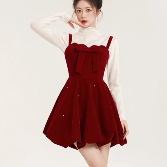 Conjunto de dos piezas navideño para mujer, suéter liso, corte A, terciopelo, vestido corto sin mangas, moda coreana, otoño, nuevos conjuntos
