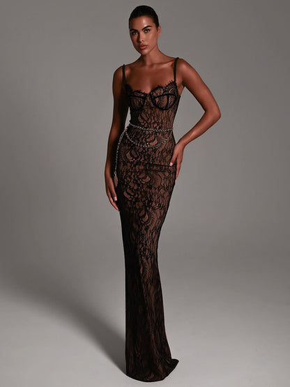 Vestido sexy de encaje con estampado de doble capa para mujer, ajustado, sin espalda, con colgante de corazón de metal, vestido largo para fiesta, club, vestido de noche