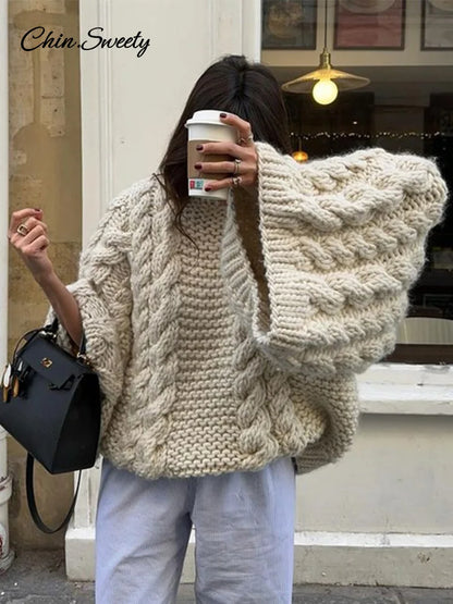 Knit Oversize High Neck Jumper Sweater Women Lazy Round Neck Ribbed Pullover Female  Autumn Winter Thick Warm Lady Knitwear