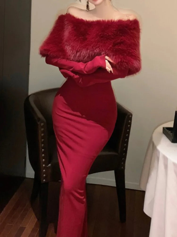 Fashion New Women Elegant Bodycon Midi Dress Long Sleeve Slim Solid Chic Vintage Christmas Party Prom Clothes Female Vestidos