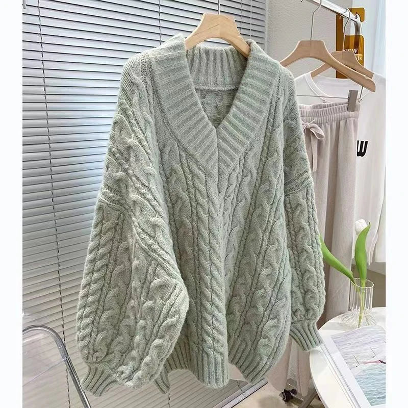 Oversized Sweater Women Fashion Preppy Pink V Neck Knitted Pullovers Harajuku Korean Long Sleeve Knitwear Winter Jumpers