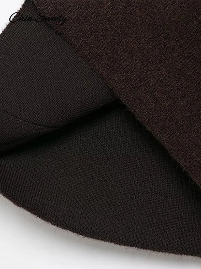 Elegant Brown Skirt Suits Knitted O-Neck Long Sleeve Metal Button Cardigan High Waist A-line Mini Skirts 2025 Spring Lady Outfit