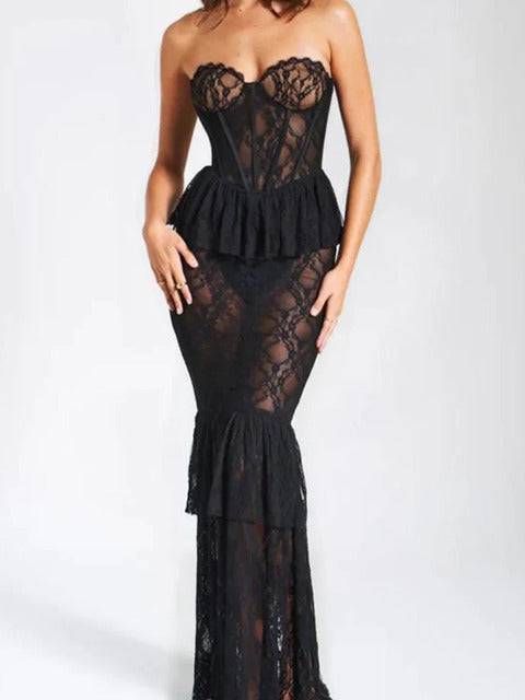 Vestido sexy de encaje sin mangas, ajustado, con espalda descubierta, ajustado, con volantes, plisado y perspectiva, para fiesta y noche.