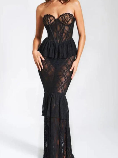 Vestido sexy de encaje sin mangas, ajustado, con espalda descubierta, ajustado, con volantes, plisado y perspectiva, para fiesta y noche.