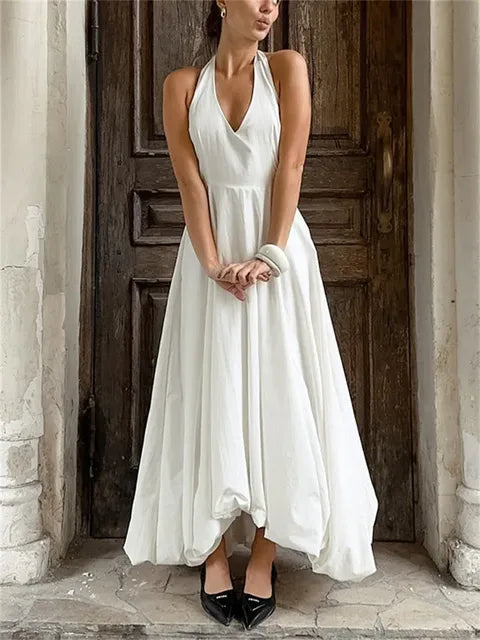 White V-Neck Backless Long Dress Female Sleeveless High Waist Fashion Elegant Luxury Bodycon Dress Women Solid Maxi Dress