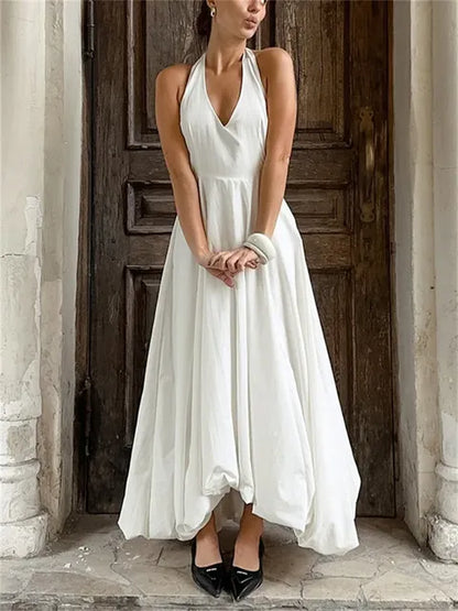 White V-Neck Backless Long Dress Female Sleeveless High Waist Fashion Elegant Luxury Bodycon Dress Women Solid Maxi Dress