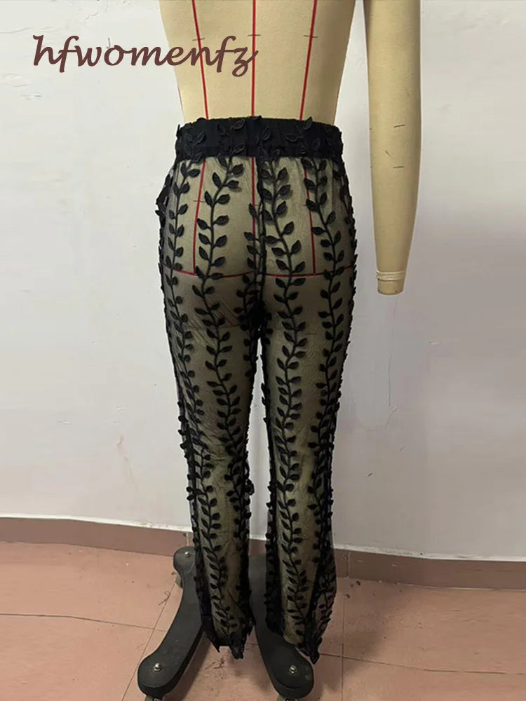 Sexy Blazer Pants Sets Women Single-breasted Blazer Cut Waist Coats Pearls Mesh Sheer Trousers Suits Y2K Clothes Matching Sets
