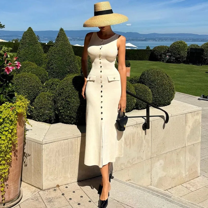 Vestido largo de punto de moda para mujer, elegante, sin mangas, con botones, maxivestido ajustado, vestidos de fiesta de moda para mujer