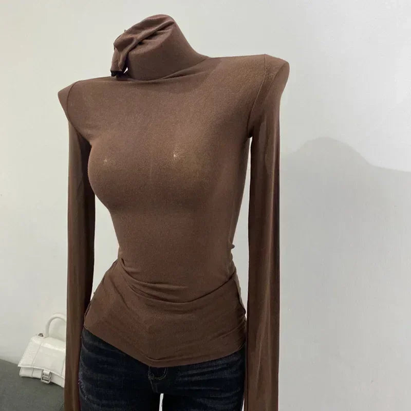 Camiseta fina y suave de manga larga americana con cuello alto y perspectiva ajustada para mujer, ropa de calle sexy